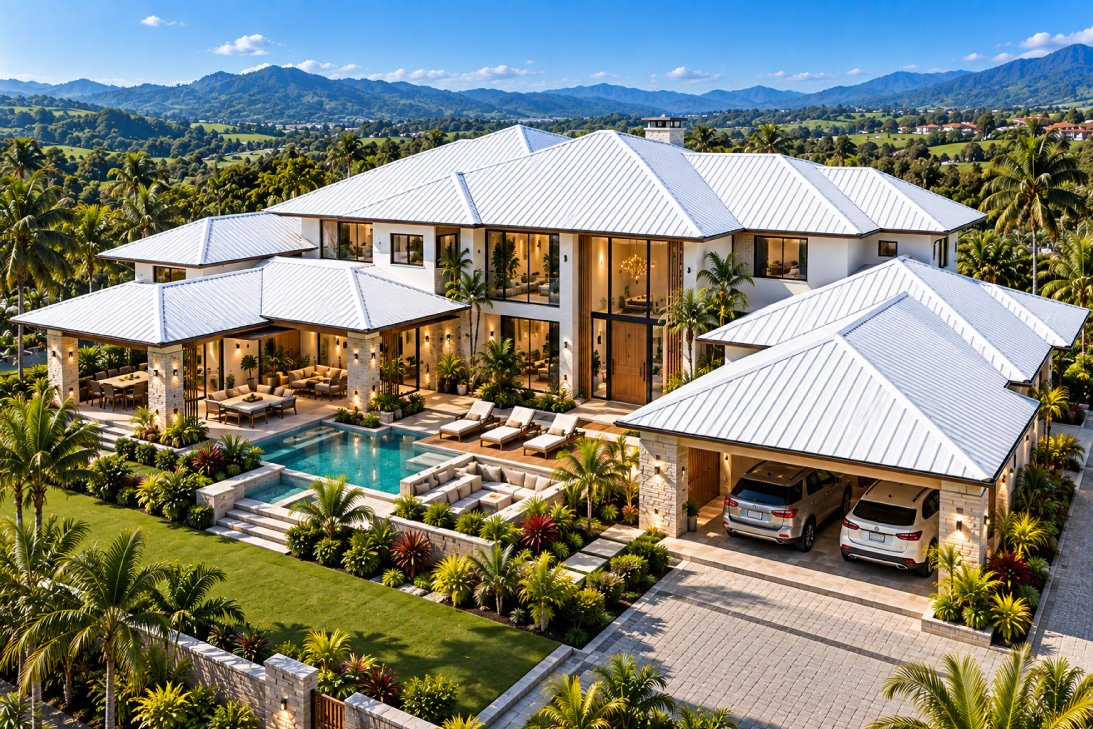Casa campestre de dos niveles con piscina y cubierta metálica en teja de acero galvanizado prepintado color blanco