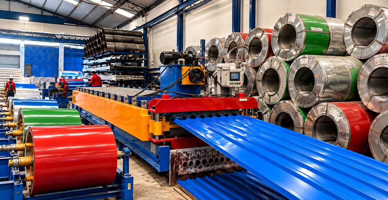 Línea de fabricación de tejas en acero galvanizado prepintado con rollos de acero rojos, verdes y azules y una teja azul saliendo de la máquina conformadora